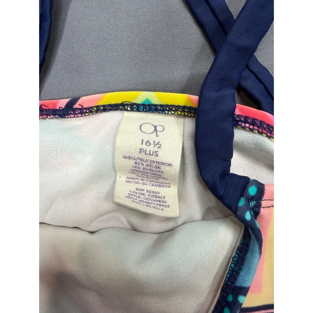 Ocean Pacific OP Girls Plus Size 16 1/2 Tankini Swim Top Chevron Zigzag‎ Cobalt